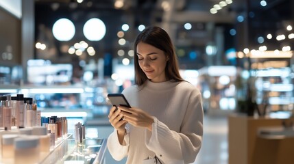 A woman in a cream-colored sweater stands in a cosmetics store at night