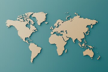 Obraz premium Travel restrictions guidelines concept, A minimalist world map cutout displayed against a teal background, emphasizing geography and global awareness.