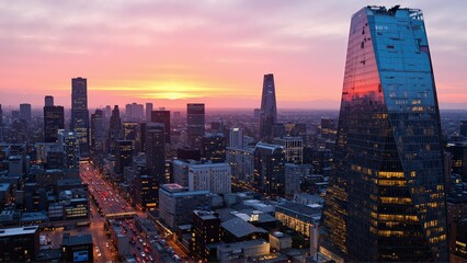 Fototapeta premium Generative AI, Modern Metropolis at Sunset with Reflective Skyscrapers