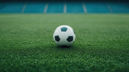 Fototapeta premium Soccer Ball on Green Grass Field Stadium Background