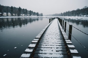 Fototapeta premium Snow on jetty by river