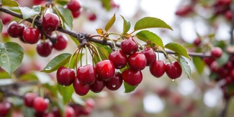 Obraz premium New cherries on the cherry tree limbs with dew, plump, dew drops
