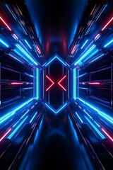 Fototapeta premium Futuristic Abstract Tunnel with Neon Lights in Blue and Red Colors Creating a Dynamic and Hypnotic Visual Experience Perfect for Digital Art and Technology Themes