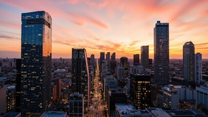 Obraz premium Generative AI, Modern Metropolis at Sunset with Reflective Skyscrapers