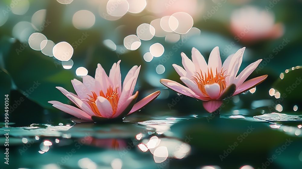 Poster graceful water lily duo in blossom reflecting elegance in a calm aquatic setting : generative ai
