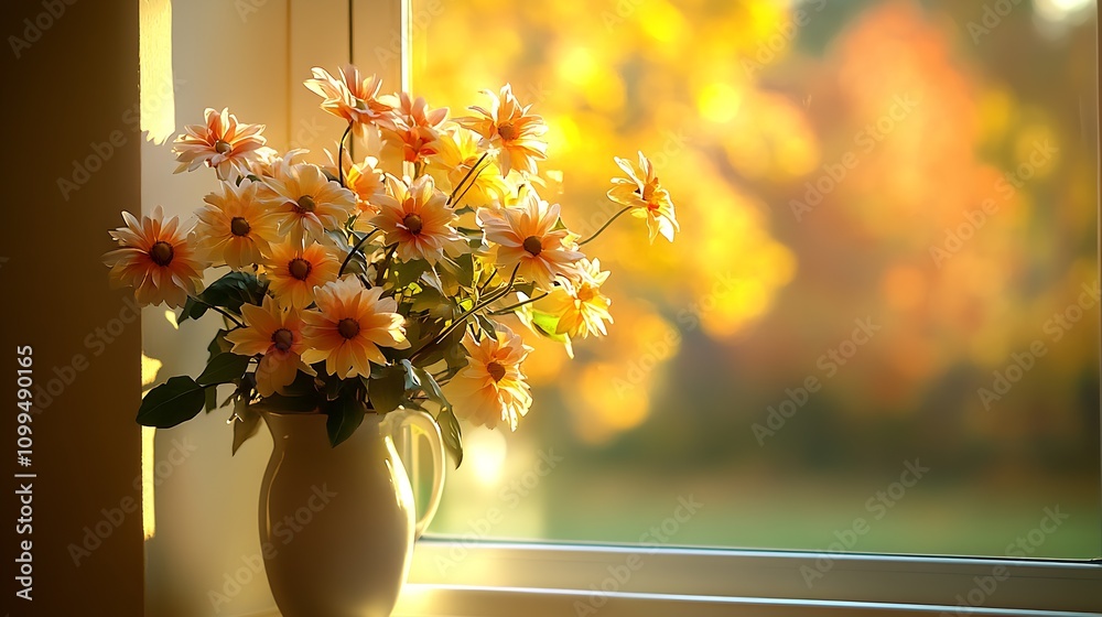 Poster elegant vase of autumn flowers on windowsill with beautiful bokeh and glowing sunset : generative ai