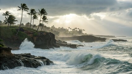Ocean waves crashing against rocks palm trees in the background, tropical ocean, rock formations, ocean waves