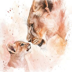 Fototapeta premium Watercolor Painting of a Lioness and Her Cub Sharing a Tender Moment.