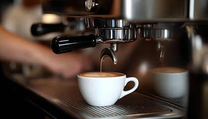Espresso machine dripping coffee into white porcelain cup : Generative AI