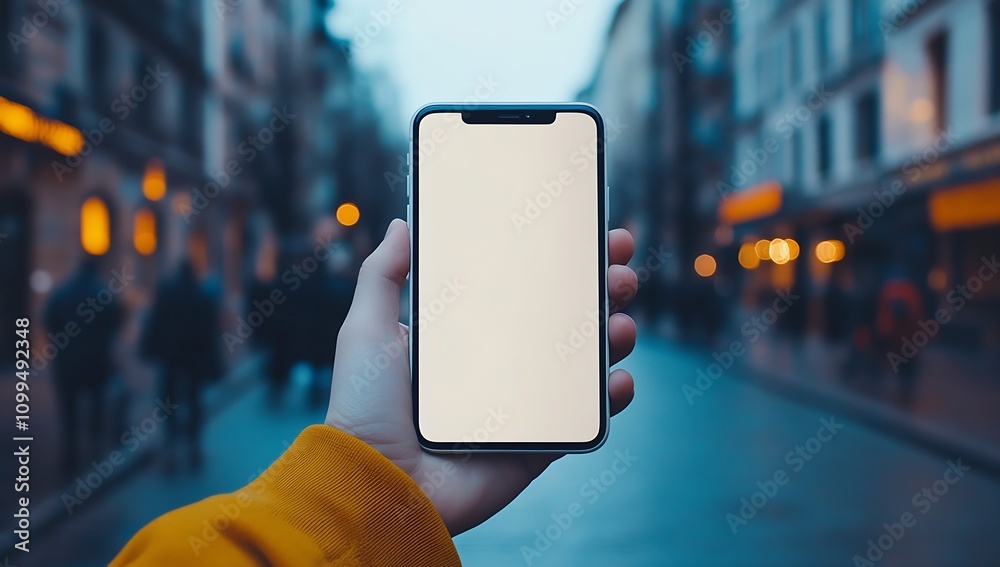 Poster blank smartphone display in hand with urban street blur for creative projects : generative ai