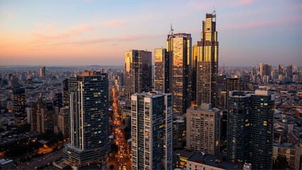 Obraz premium Generative AI, Modern Metropolis at Sunset with Reflective Skyscrapers