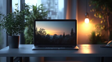 Fototapeta premium Laptop computer sitting on a desk with a plant in front of it