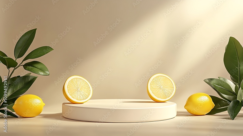 Poster symmetrical lemon arrangement on neutral base with leafy accents : generative ai