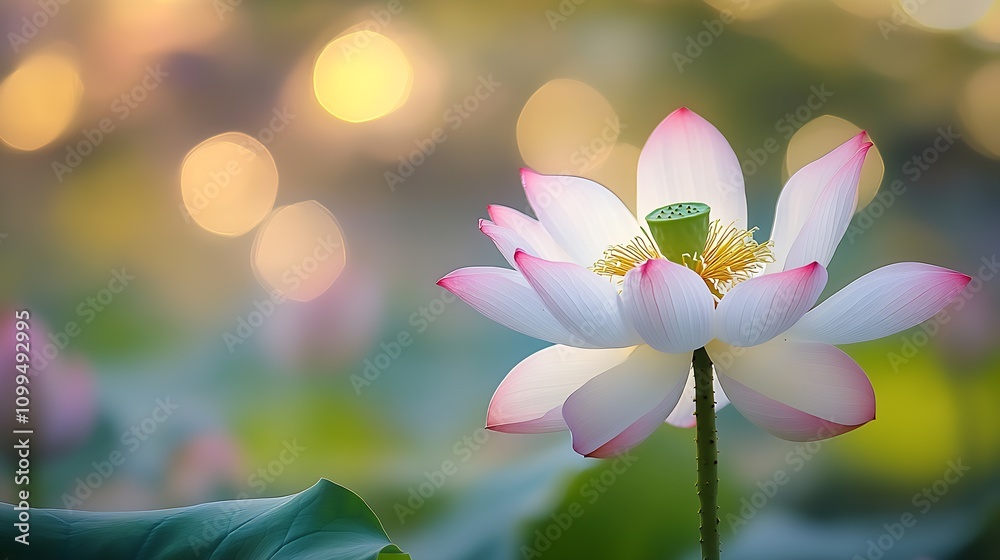 Poster serene pink lotus in bloom with soft bokeh sunset background nature beauty : generative ai