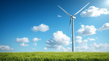 Fototapeta premium Wind turbine in a green field under clear blue sky nature scene sustainable energy concept