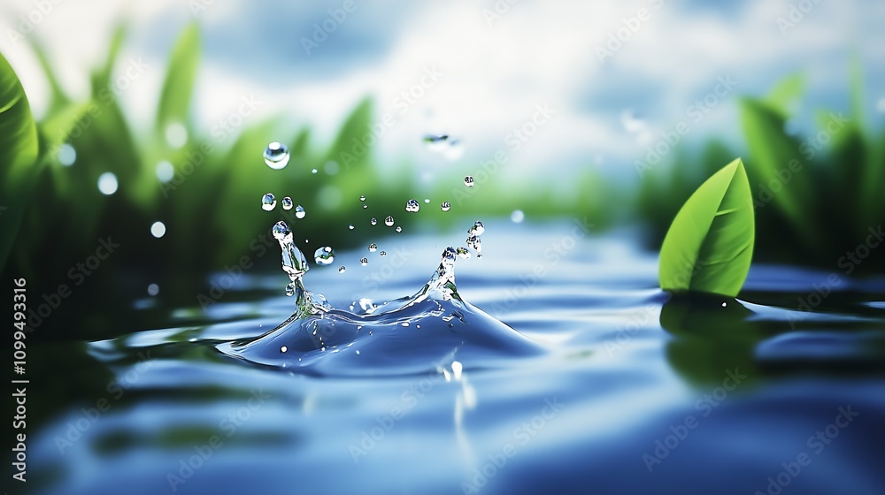 Poster Refreshing Water Splash Creating Crown Patterns Surrounded by Lush Green Leaves and Clear Skies : Generative AI