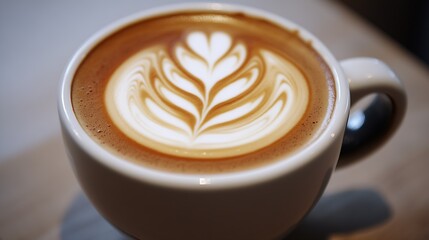 Beautifully designed latte with elegant frothy art in a warm coffee cup on simple table setting : Generative AI