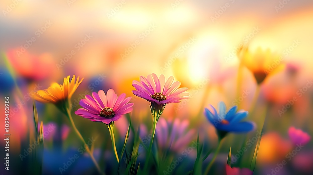 Aufkleber serene evening wildflower meadow illuminated by the setting sun : generative ai