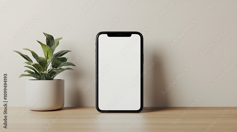 Poster contemporary smartphone display in minimalistic space with potted plant : generative ai