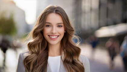 Fototapeta premium young woman with long, wavy hair smiles softly against blurred city background
