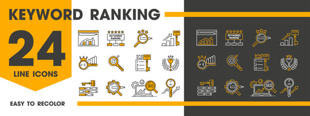 Naklejka premium Keyword ranking line icons of SEO, website search and media marketing, vector symbols. Keyword ranking icons of internet SEO and online strategy for content advertising, promotion and website traffic