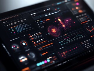 Obraz premium A techheavy remote workspace with interactive dashboards and holographic charts