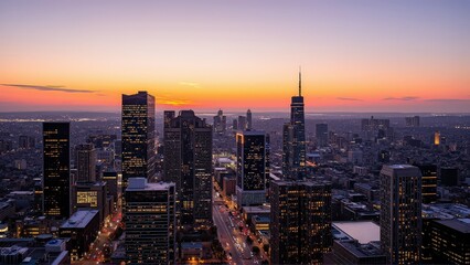 Obraz premium Generative AI, Modern Metropolis at Sunset with Reflective Skyscrapers