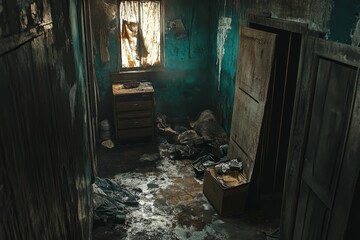 Obraz premium Here's a 10-word description of the image: Dark, dilapidated room;