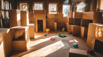 A playful space filled with cardboard boxes, inviting creativity and imagination.