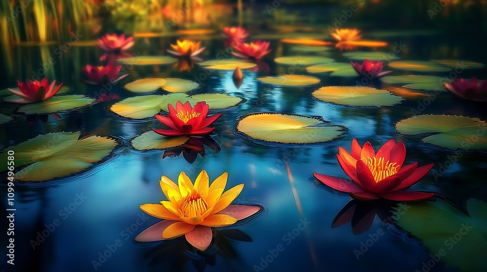 Poster peaceful pond with bright red and yellow water lilies and green lily pads in natural setting : gener