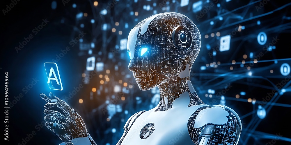 Poster Digital Robot Examining Virtual Technology with Holographic Display : Generative AI