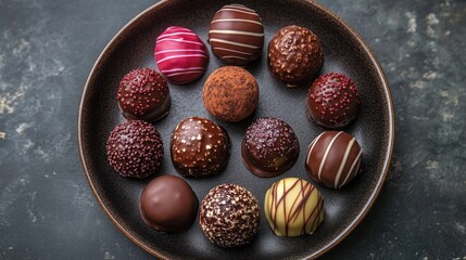 Obraz premium An assortment of delicious chocolate truffles arranged in a circle on a dark plate.