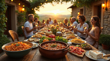 Mesa festiva al aire libre con comida italiana y grupo de personas celebrando al atardecer.