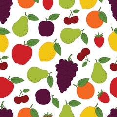 Seamless pattern with fruits. A pattern depicting fruits such as an apple, a pear, a plum and a lemon with grapes and also a cherry with strawberries. Fruit pattern for print and packaging. Vector