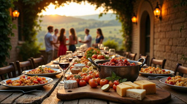 Mesa servida con comida italiana y vino en una terraza al atardecer con vista al campo.