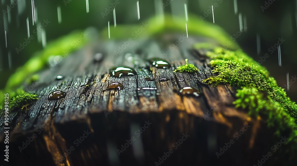 Poster Macro Raindrops and Moss on Aged Wood Creating a Lush Rainforest Scene : Generative AI
