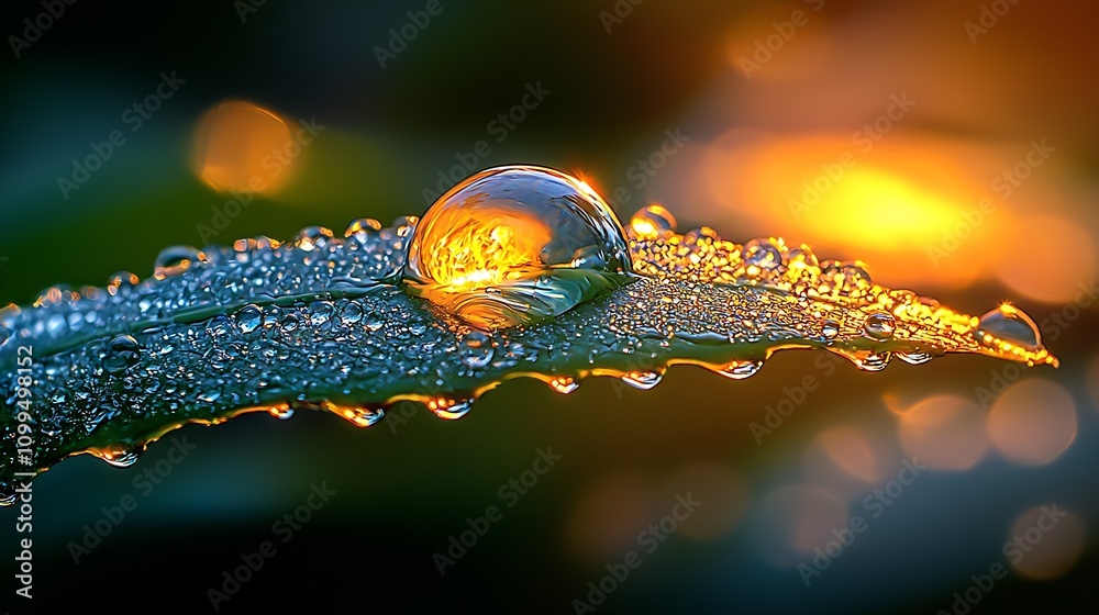 Poster Macro Photography of Dew Drop on Leaf with Vivid Sunlight Reflection on Water Surface : Generative AI
