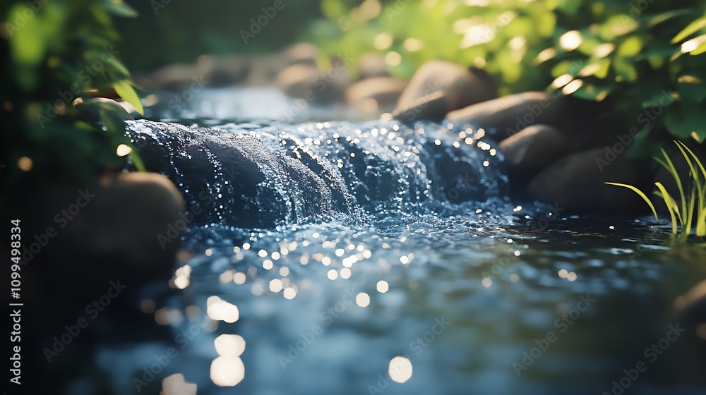 Poster tranquil babbling brook surrounded by lush greenery and sparkling water in serenity : generative ai