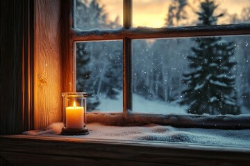 Fototapeta premium A cozy cabin scene with a flickering candle on a wooden windowsill overlooking a snowy forest