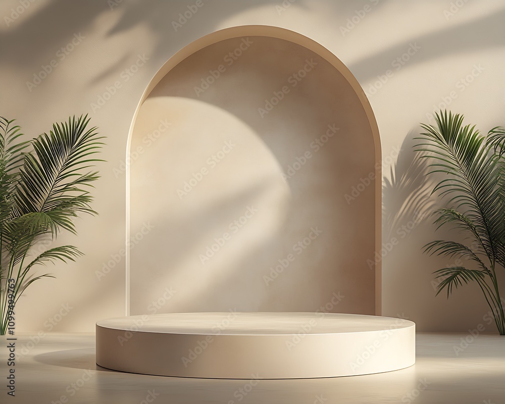 Poster minimalistic indoor arch design with sunlit highlights and palm leaves : generative ai