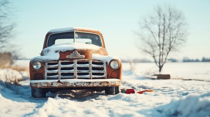 Rustic vintage truck covered in snow in a snowy rural landscape with a bare tree in the background and clear sky.