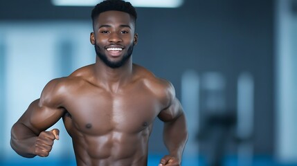 Fototapeta premium Muscular Black Man Running on Treadmill, Smiling