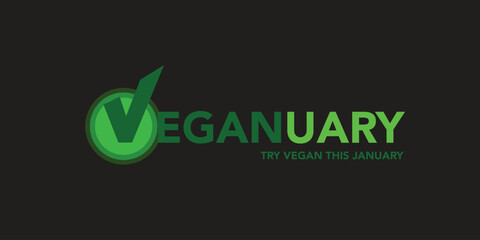 veganuary month promotional poster. Editable vector illustration. Reduce animal products consumption. Eat less meat for the well-being of animal, environment. Changing eating habits to vegan diet.