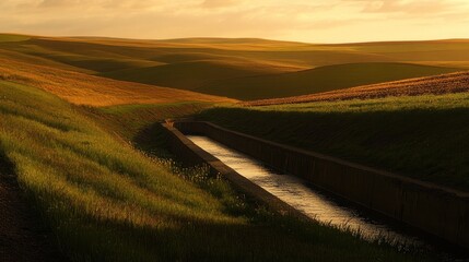 Serene landscape with rolling hills and a reflective irrigation canal at sunset.