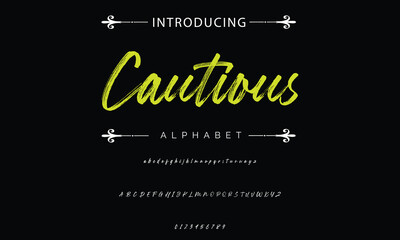 Brush Script alphabet font. Uppercase handwritten brushstroke letters and numbers. Stock vector typeface for your design.