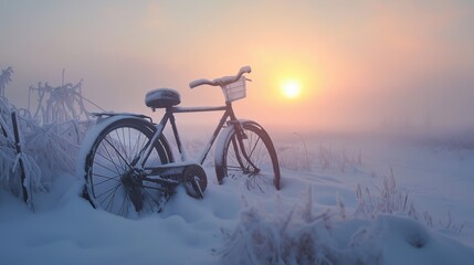 Naklejka premium Eingefrorenes Fahrrad bei Sonnenaufgang