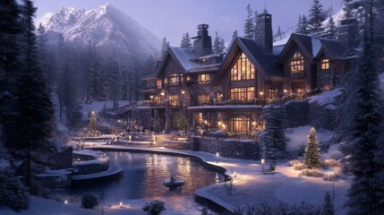 Obraz premium Luxurious Winter Mountain Lodge Illuminated At Night