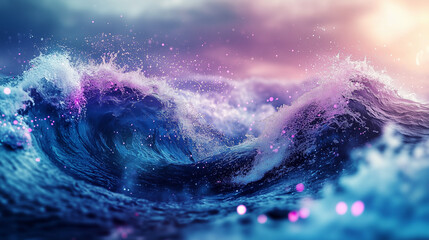 Fototapeta premium Vibrant ocean waves with colorful reflections of pink and purple hues under a dramatic sky