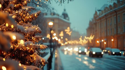 Snow Covered Christmas Tree City Street Lights