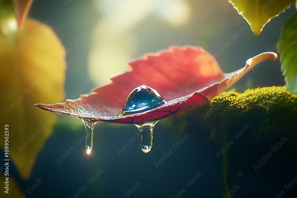 Aufkleber Captured Dew Drop on Vibrant Autumn Leaf in Forest Light : Generative AI